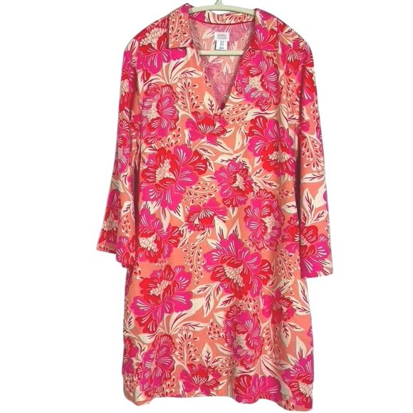 Sigrid Olsen Floral Hawaiian Print 3/4 Bell Sleeve Linen Blend Shift Dress, US10 - Picture 2 of 11